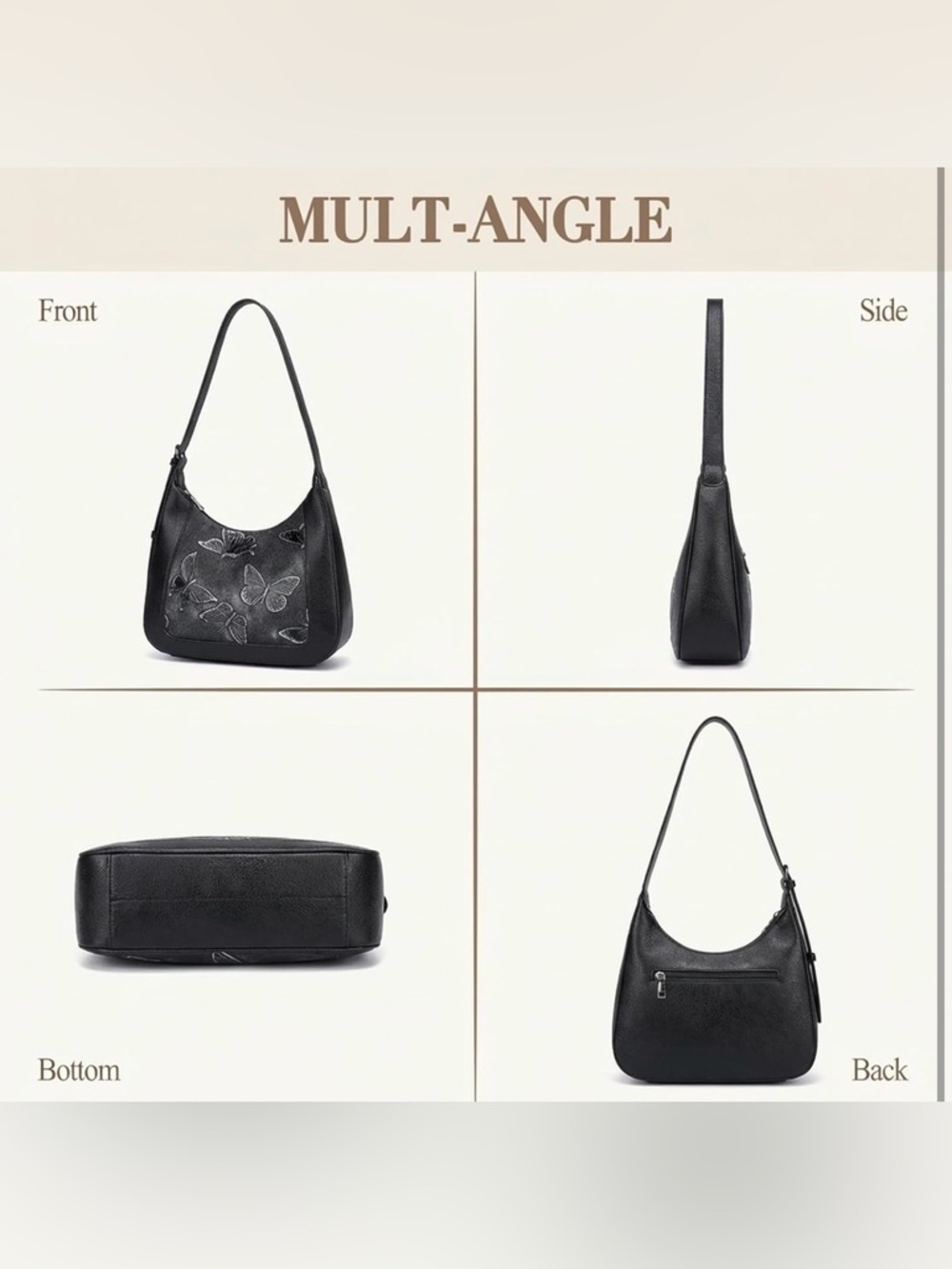 Cruelty Free VEGAN LEATHER Black BUTTERFLIES Butterfly Shoulder bag Purse boho - Picture 6 of 6